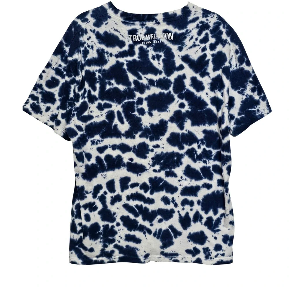 True Religion Mens Blue White Tie Dye V-Neck T-Shirt Horseshoe Logo Large 1515